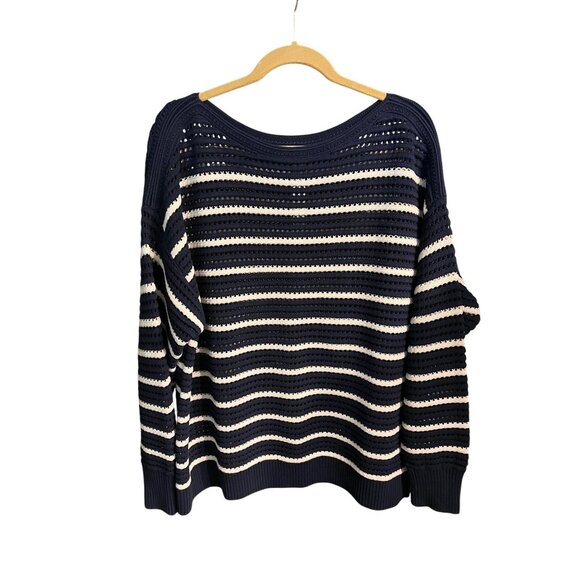 Lululemon Cotton Crochet Pullover Sweater Club Blue/Light Ivory XL Open-Knit - Picture 2 of 5